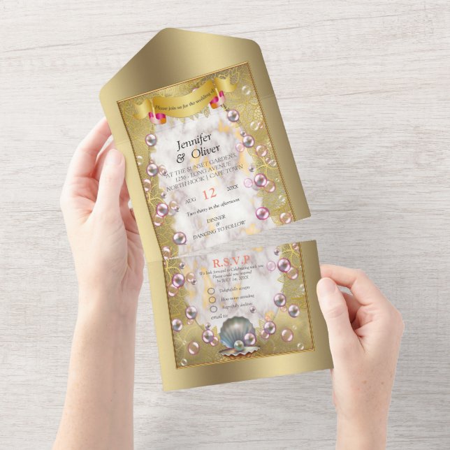 Ivory Silk, Gold Lace & Pearls and Marble All In One Invitation (Tearaway)