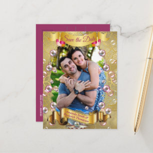 Ivory Silk, Gold Lace & Pearls and Marble Announcement Postcard