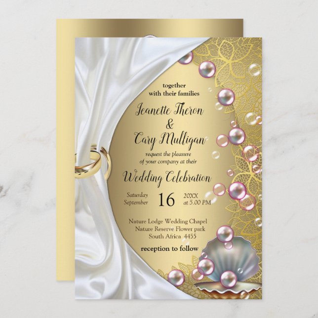 Ivory Silk, Gold Lace & Pearls and Marble Invitation (Front/Back)