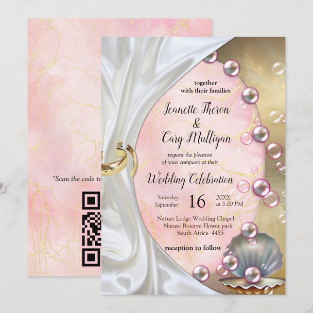 Ivory Silk, Gold Lace & Pearls and Marble Invitation (Front/Back)
