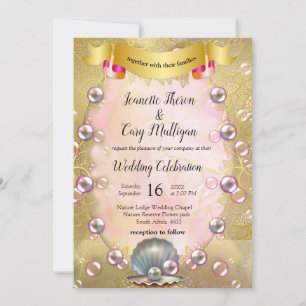 Ivory Silk, Gold Lace & Pearls and Marble Invitation