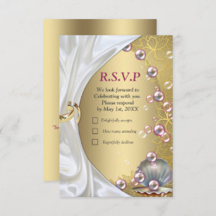 Ivory Silk, Gold Lace & Pearls and Marble RSVP Card