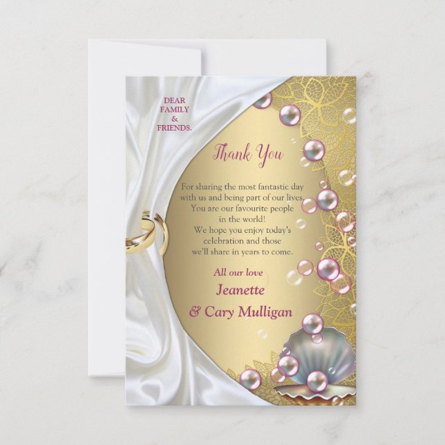 Ivory Silk, Gold Lace & Pearls and Marble Thank You Card (Front)