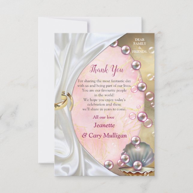 Ivory Silk, Gold Lace & Pearls and Marble Thank You Card (Front)
