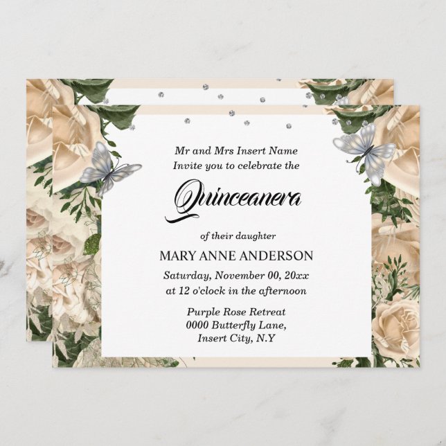 Ivory silver butterfly elegant rose quinceanera invitation (Front/Back)