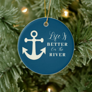 Ivory & Slate Blue Life Is Better On The River Ceramic Tree Decoration