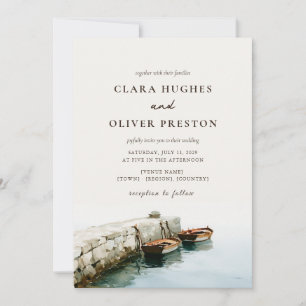 Ivory Slate Blue Script Amalfi Coast Boat Wedding Invitation