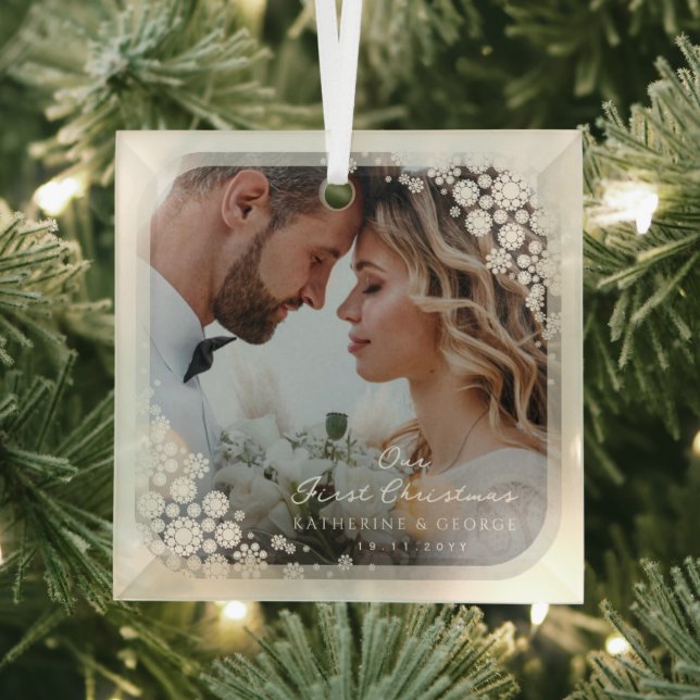 Ivory Snowflakes Frame Chic Holiday Wedding Photo Glass Tree Decoration (Insitu)