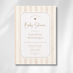 Ivory Soft Brown Stripes Gold Frame Baby Shower Invitation