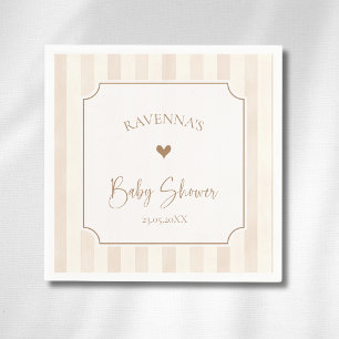 Ivory Soft Brown Stripes Gold Frame Baby Shower Napkin