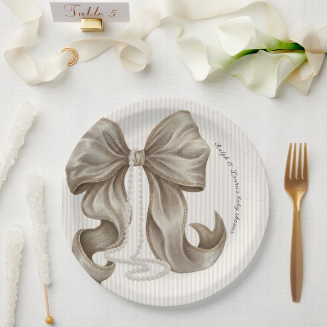 Ivory Striped Bow Baby Shower  Paper Plate (Wedding)