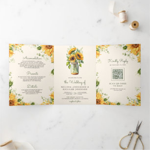 Ivory Sunflowers Mason Jar QR Code Wedding Tri-Fold Invitation