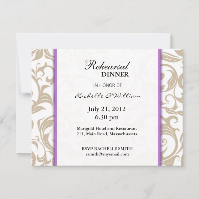 Ivory Swirl Rehearsal Dinner Card with Purple (Front)