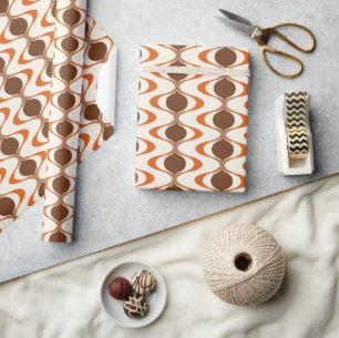 Ivory Tan Brown Burnt Orange Ogee Wave Pattern Wrapping Paper