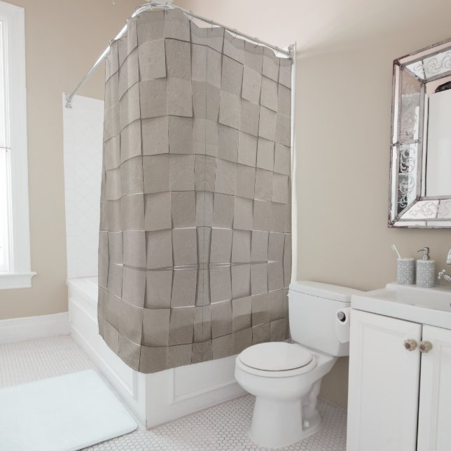 Ivory tan sand beige tile square pattern shower curtain (In Situ)