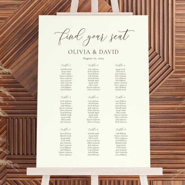 Ivory & Taupe Elegant Script 9 table Seating Chart (Creator Uploaded)