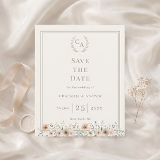Ivory taupe monogram floral wedding Save the Date