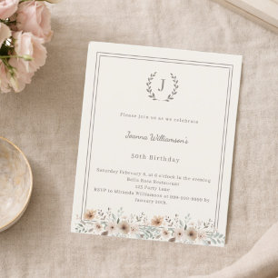Ivory taupe monogram wreath birthday invitation