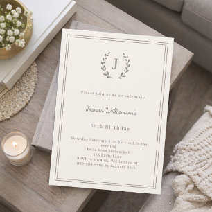 Ivory taupe monogram wreath minimalist birthday invitation