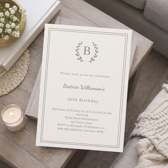 Ivory taupe monogram wreath minimalist luxury invitation (Creator Uploaded)