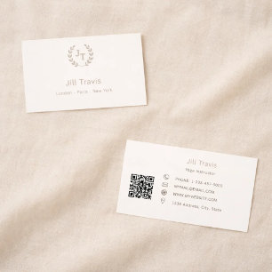 Ivory taupe monogram wreath modern minimalst QR Business Card