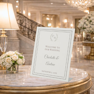 Ivory taupe monogrammed elegant wedding welcome pedestal sign