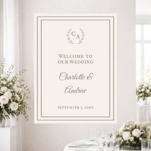 Ivory taupe monogrammed elegant wedding welcome poster
