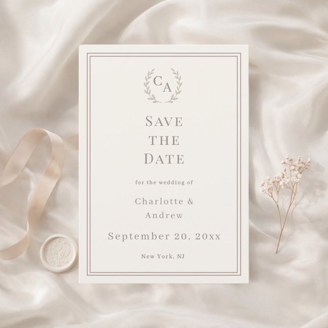 Ivory taupe monogrammed wreath wedding save the date (Creator Uploaded)