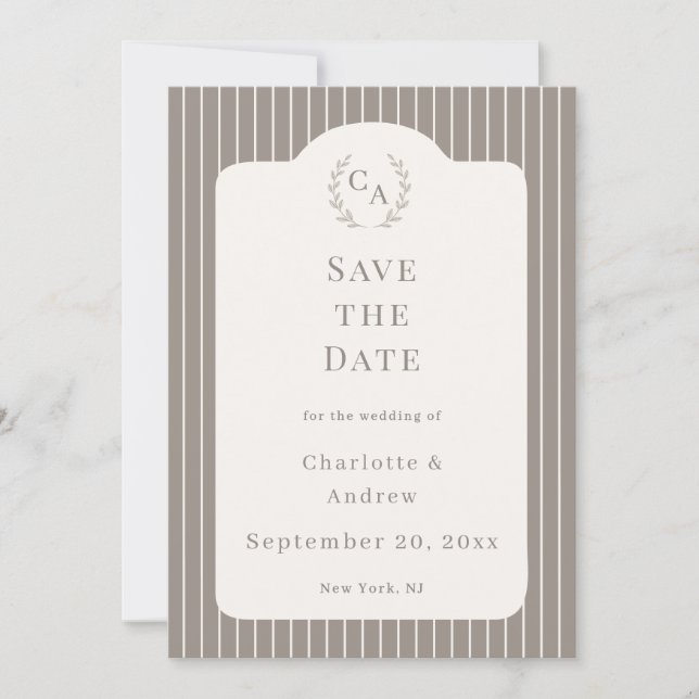 Ivory Taupe Neutral Pinstriped Wedding  Invitation (Front)