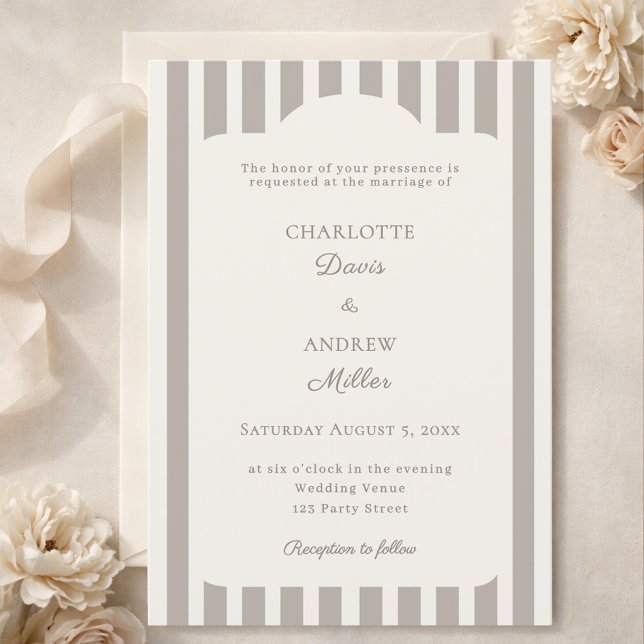 Ivory Taupe Neutral Striped Wedding  Invitation (Creator Uploaded)