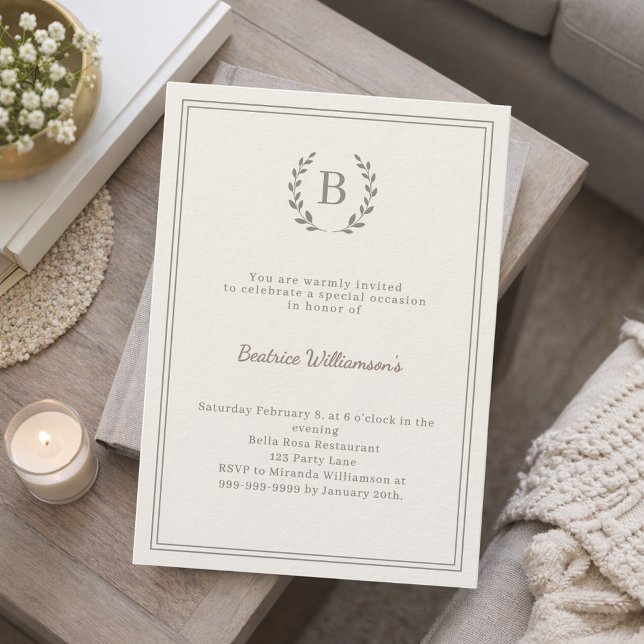 Ivory taupe wreath milestone age-neutral luxury invitation (Creator Uploaded)