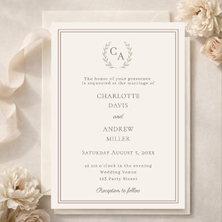 Ivory taupe wreath monogram simple wedding  invitation