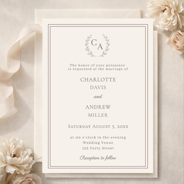 Ivory taupe wreath monogram simple wedding  invitation (Creator Uploaded)
