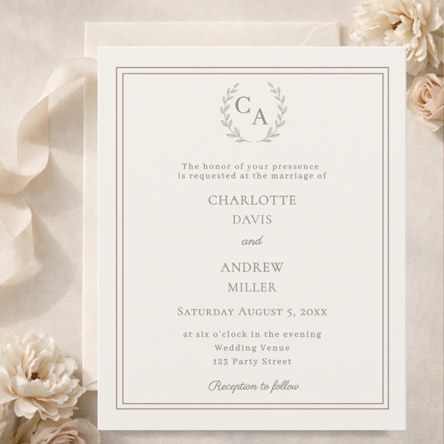 Ivory taupe wreath monogram wedding invitation (Creator Uploaded)