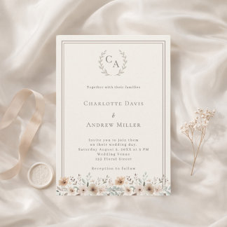 Ivory taupe wreath monogrammed floral wedding  invitation