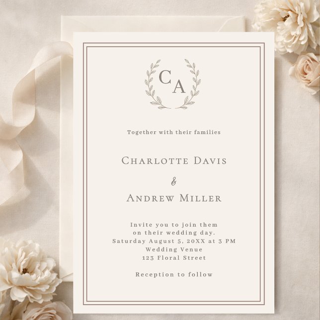 Ivory taupe wreath monogrammed simple wedding  invitation (Creator Uploaded)