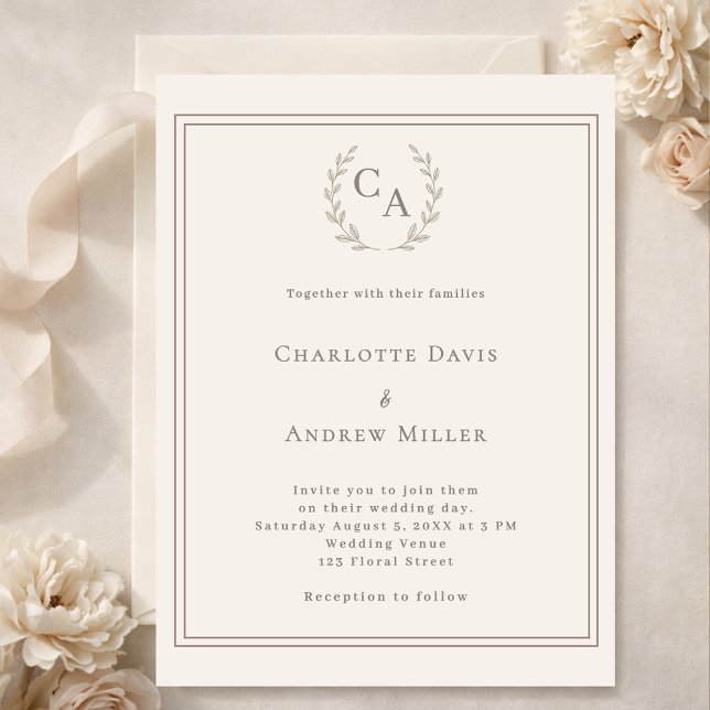 Ivory taupe wreath monogrammed wedding invitation (Creator Uploaded)