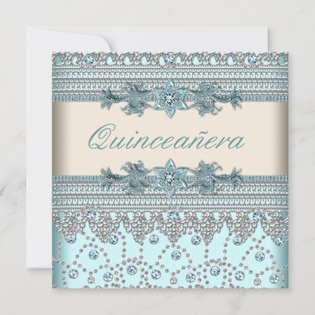 Ivory Teal Blue Quinceanera Invitation (Front)
