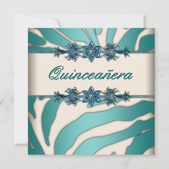 Ivory Teal Blue Zebra Quinceanera Invitation (Front)