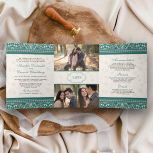 Ivory Teal Border All in One Indian Wedding Tri-Fold Invitation