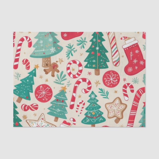 Ivory Teal Candy Cane Tree Christmas Pattern  Tissue Paper (Front)