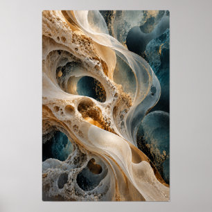 Ivory Teal Gold Organic Cellular Abstract Wall Art