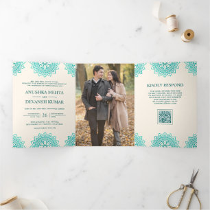 Ivory Teal Mandala Ethnic QR Code Indian Wedding Tri-Fold Invitation