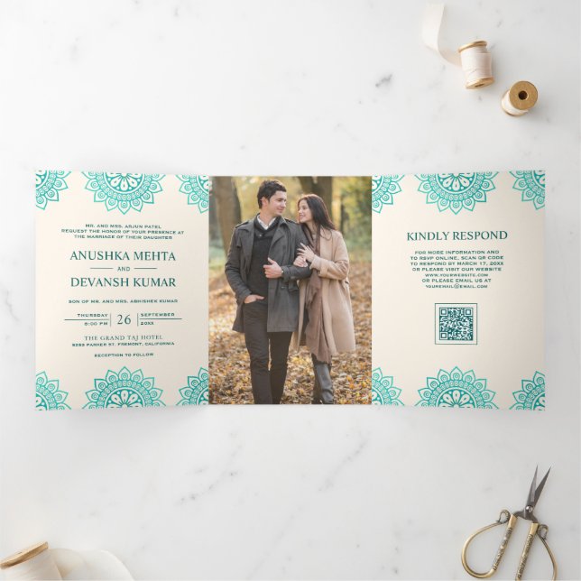 Ivory Teal Mandala Ethnic QR Code Indian Wedding Tri-Fold Invitation (Inside)