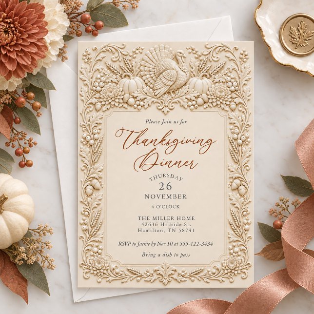 Ivory Turkey Script Thanksgiving Dinner  Invitation (Ivory Turkey Script Thanksgiving Dinner Invitation)