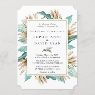 Ivory Turquoise Lilies Flowers Geometric Wedding Invitation