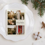 Ivory Very Merry Christmas Five Photo Collage Holiday Card<br><div class="desc">This Ivory Very Merry Christmas Five Photo Collage Holiday Card design features a sophisticated bright cream backdrop with a blend of simple black lettering and classic calligraphy paired with a minimalist boho styling that strikes a perfect balance between clean modern subtlety and vintage elegance. This charming design is a lovely...</div>