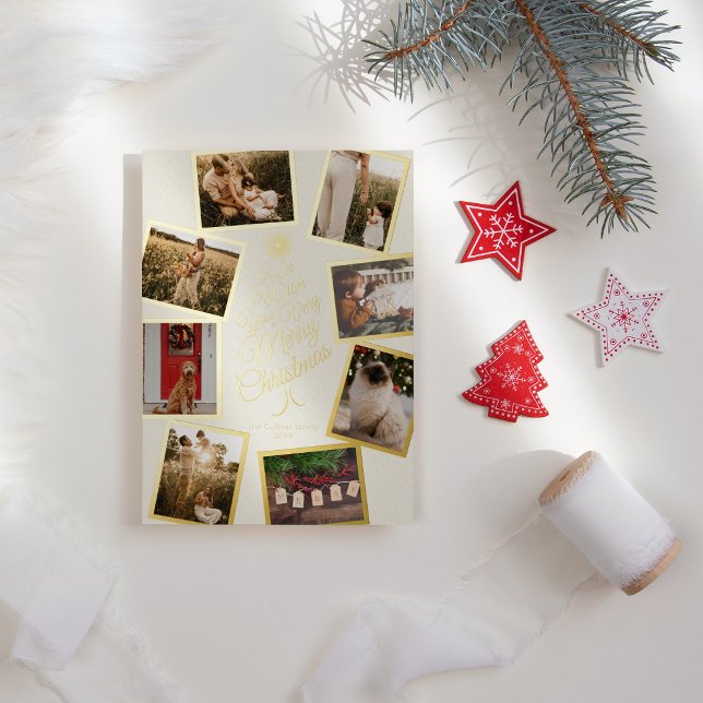 Ivory Very Merry Christmas Tree Photo Collage Foil Holiday Card (Creator Uploaded)