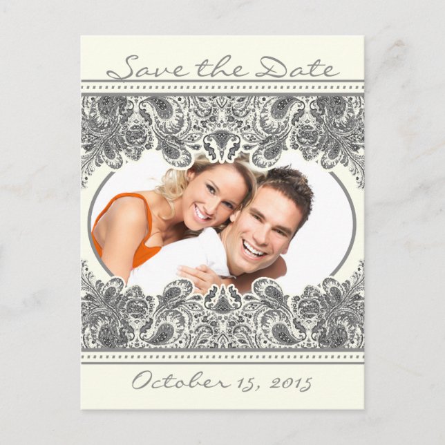 Ivory Victorian Paisley Save The Date Your Photos Announcement Postcard (Front)
