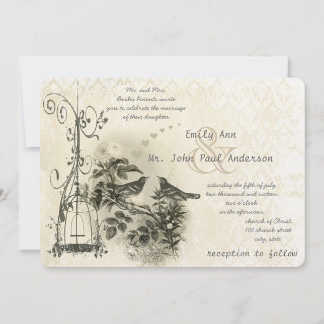 Ivory Vintage Bird Cage Love Birds Invitation (Front)